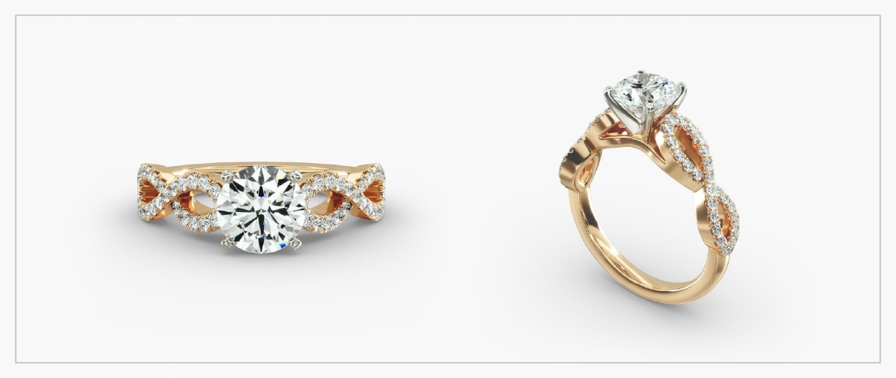 Front and side views of a yellow gold diamond infinity twist ring