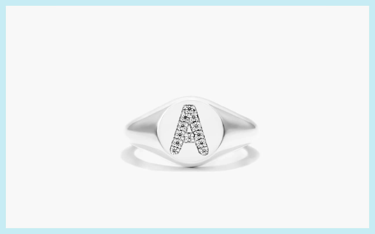 A close-up of the Diamond A Initial Signet Ring