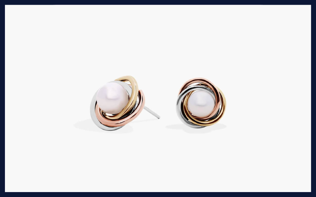 Tri-color love knot earrings with freshwater cultured pearls in 14k white, yellow, and rose gold