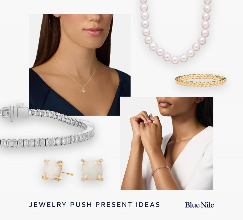 A collection of push present jewelry, including rings, necklaces, bracelets and earrings.