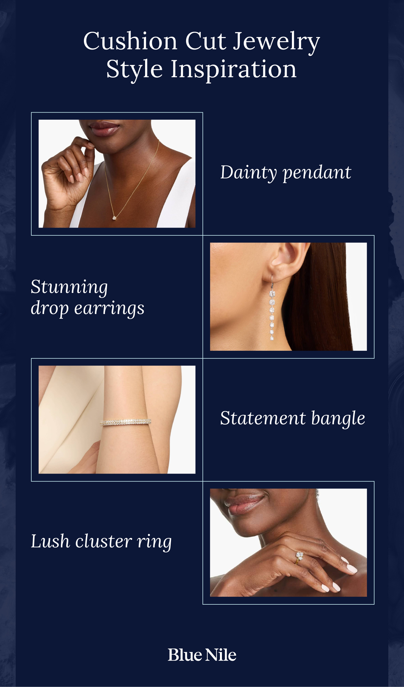 Mood board of a pendant, drop earrings, bangle, and cluster ring to share cushion cut diamond styling inspiration