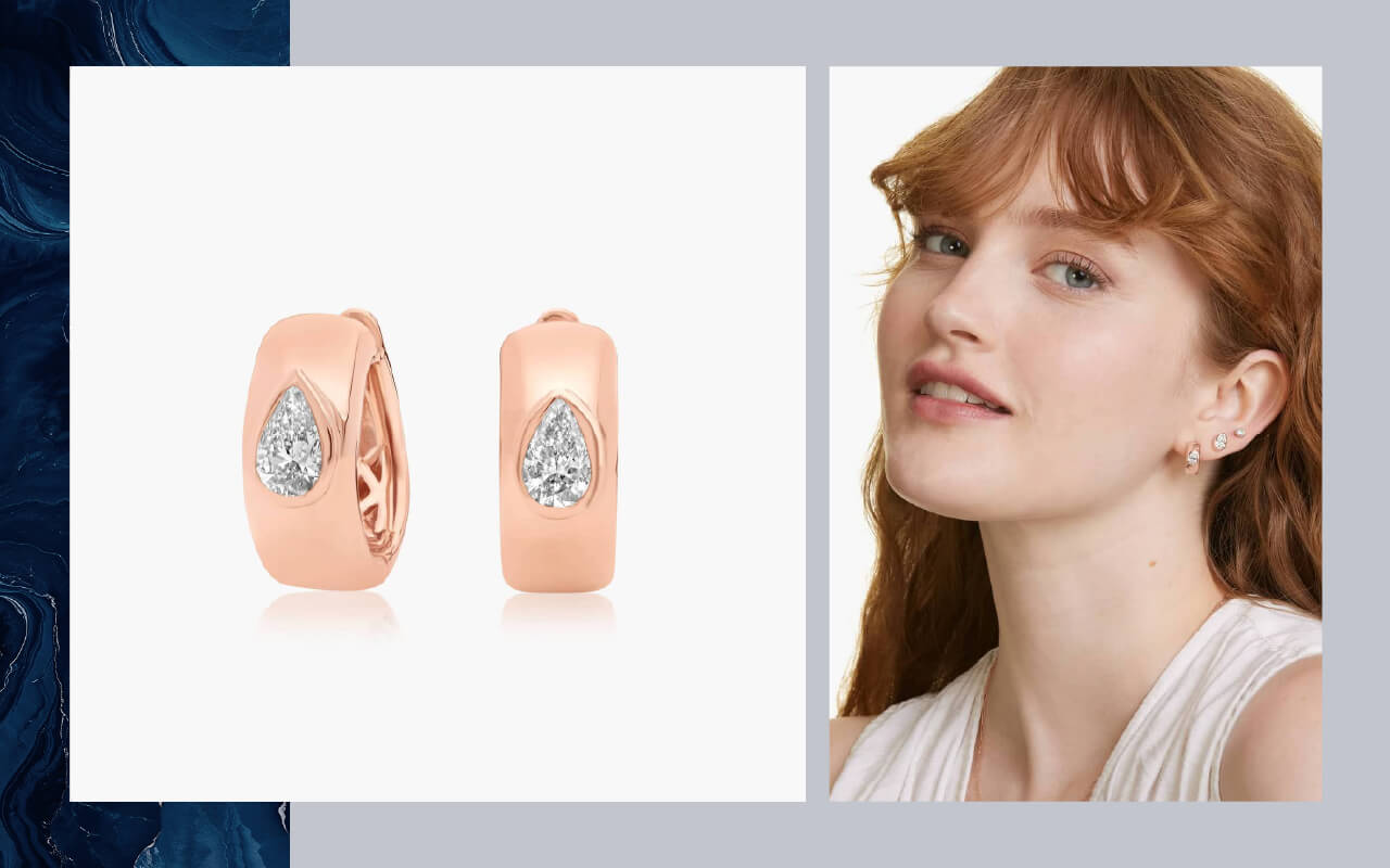 A pair of Blue Nile 14K rose gold fancy bezel lab-grown pear diamond huggie hoop earrings on the left, and a model wearing the earrings on the right.