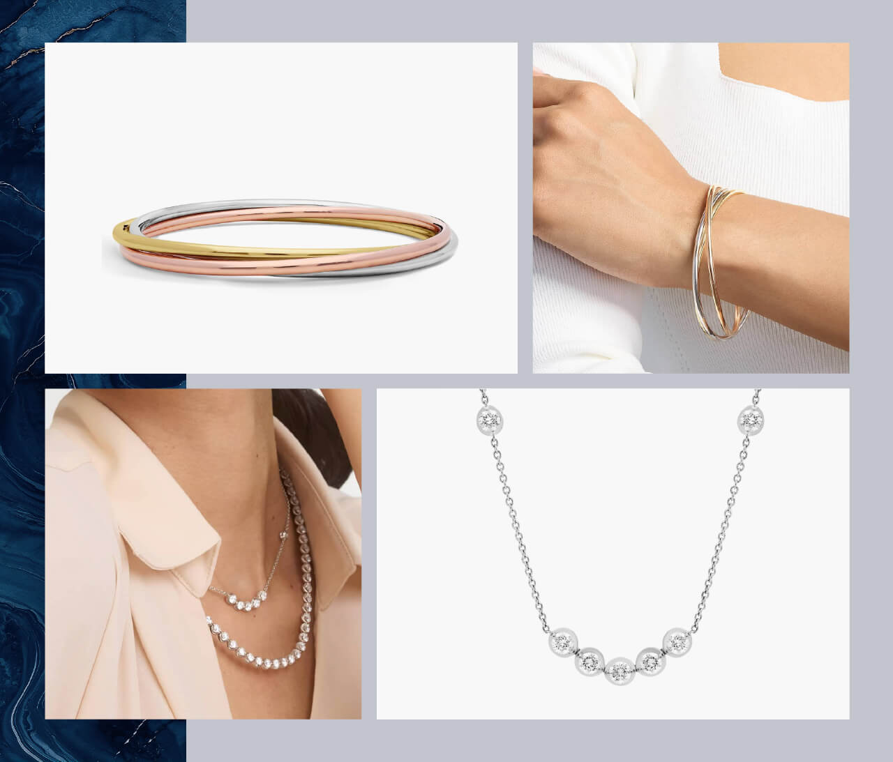 A mood board featuring a Blue Nile mixed metal bracelet, illusion smile necklace, and models wearing each piece of jewelry
