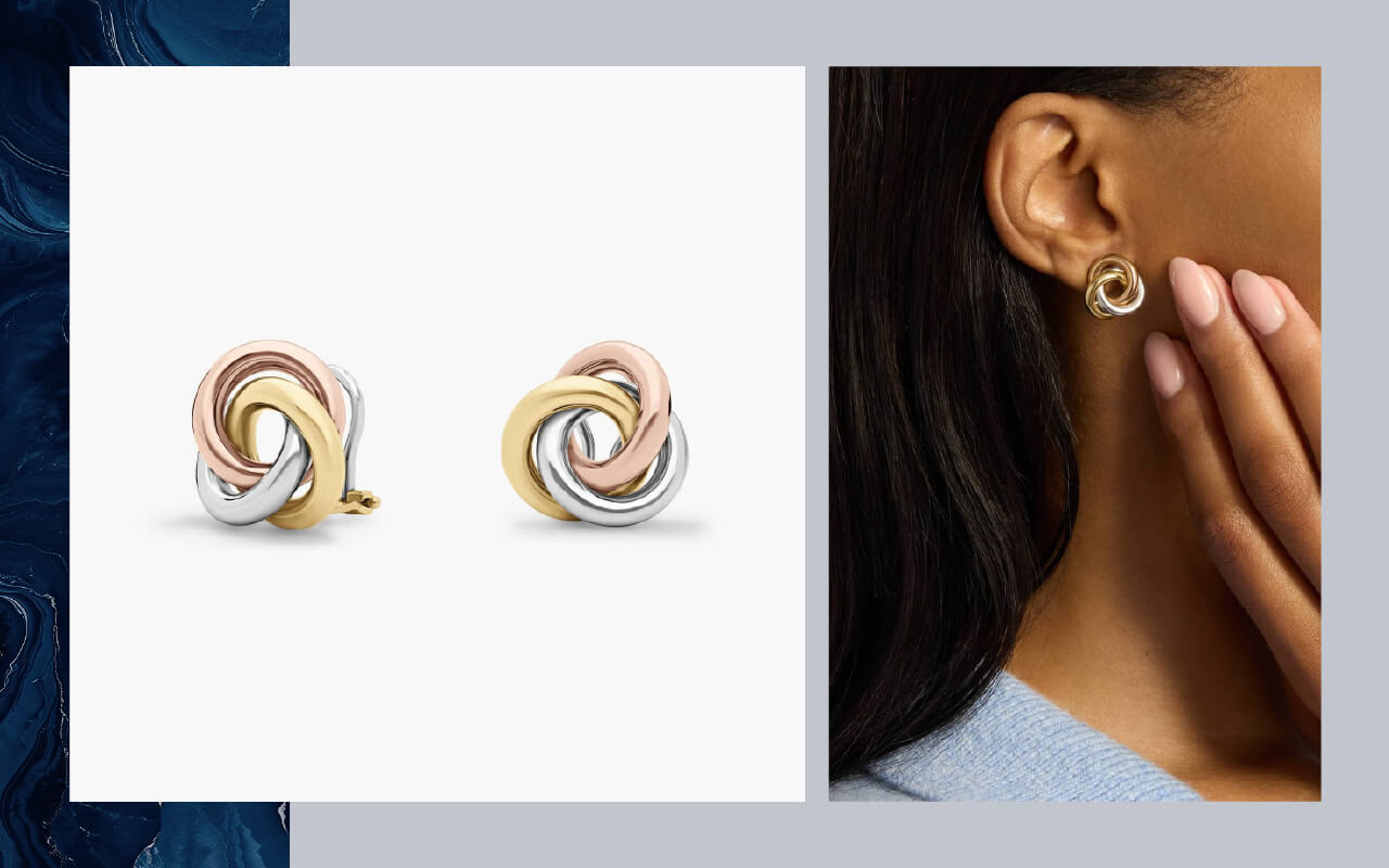 A pair of Blue Nile oversized love knot stud earrings in 14K tri-color Italian Gold on the left, and a model wearing the earrings on the right.