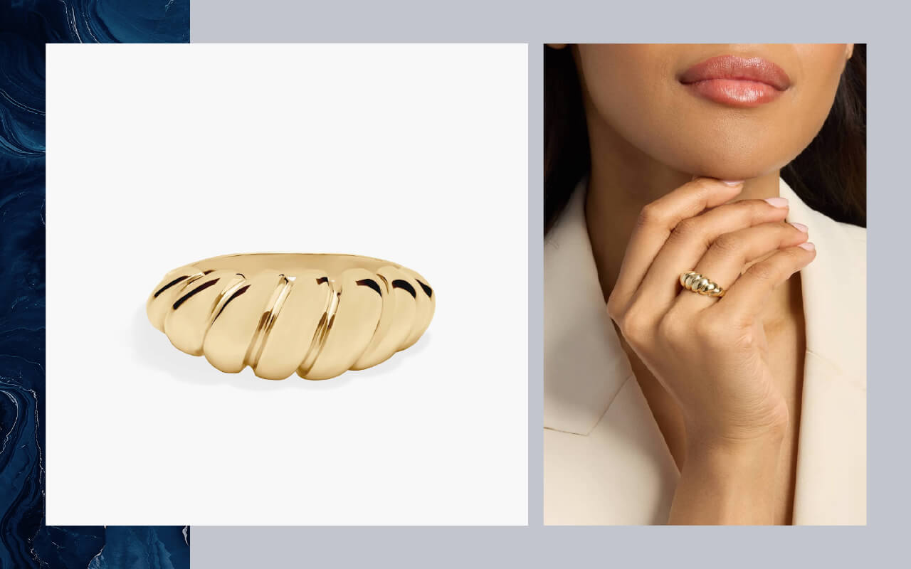 A Blue Nile 14k yellow gold twisted dome ring on the left, and a model wearing the ring on the right