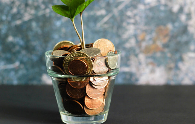 coins in a glass planter