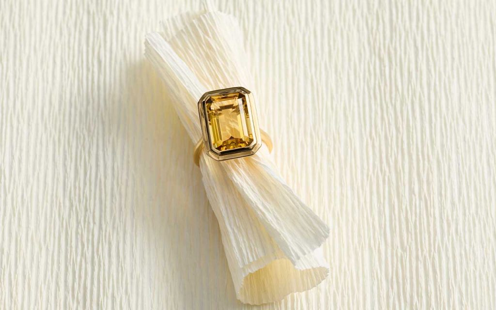 Emerald-cut yellow baguette diamond ring in gold from the Blue Nile Modern Vintage Romance Collection