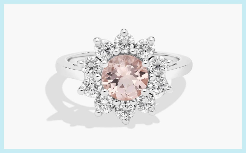 Soft peach morganite set in a white gold halo, a romantic pick among the best alternative stones for engagement rings
