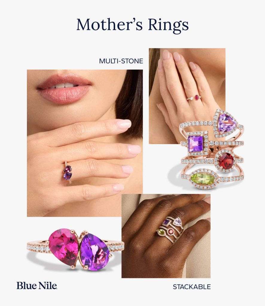 Mother’s ring moodboard with multi-stone and stackable options.