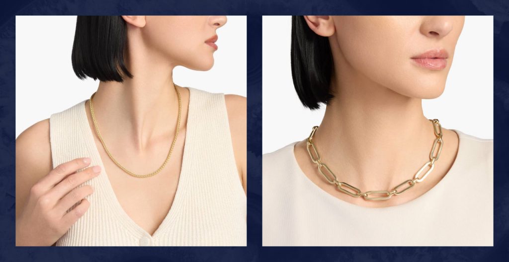 Model wearing two gold necklaces, including a rope chain and a bold link chain, showcasing popular types of chains and lengths.