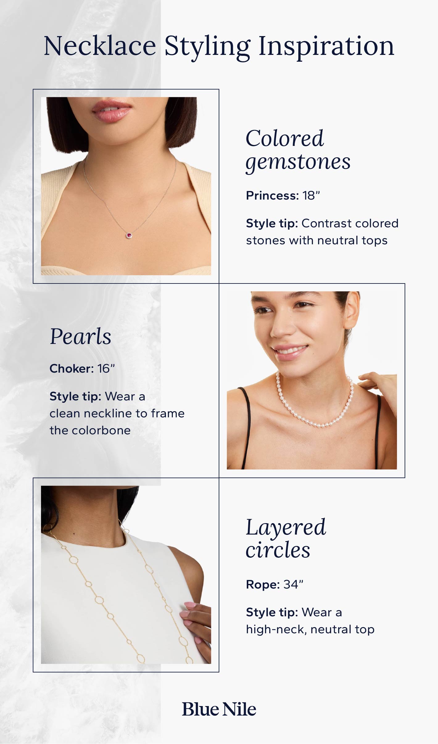 Mood board sharing inspiration for styling a princess, choker, and rope-length necklace