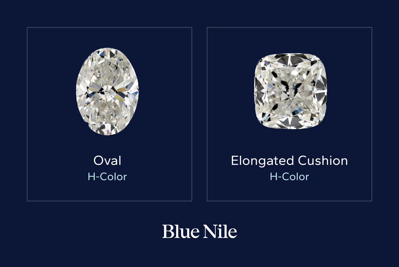 Side-by-side color comparison showing an H-color oval vs. an H-color elongated cushion.
