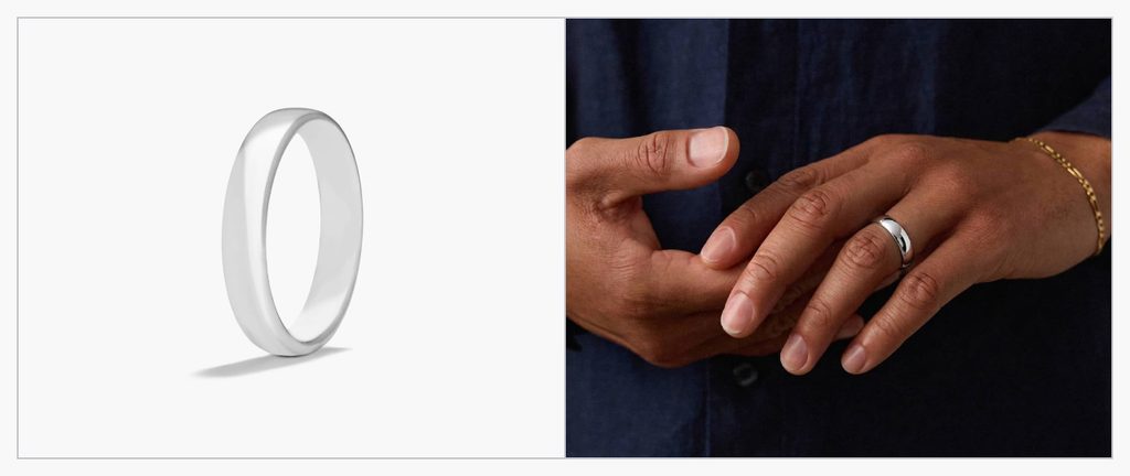 Palladium ring against a white background and somebody wearing a palladium ring.