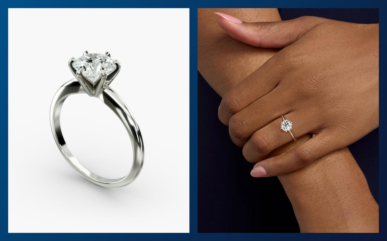 Image of a person wearing a platinum ring on the right and a standalone photo of the ring on the left