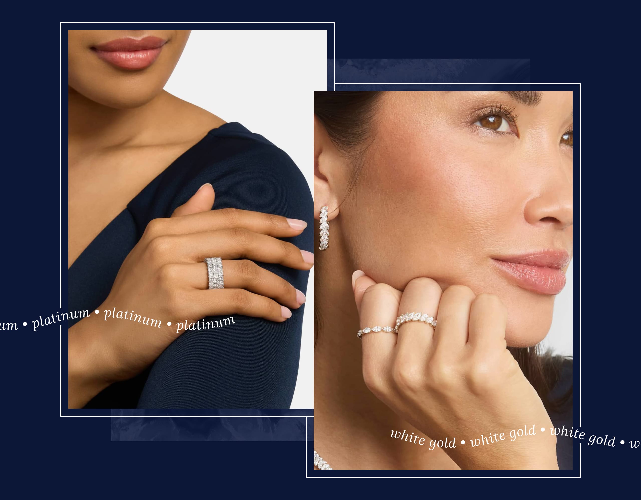 Side-by-side comparison of models wearing platinum and white gold jewelry.