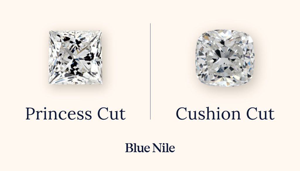 Princess cut and cushion cut diamonds side by side.