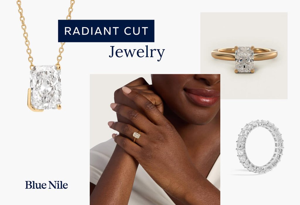 Collage of Blue Nile radiant cut jewelry.