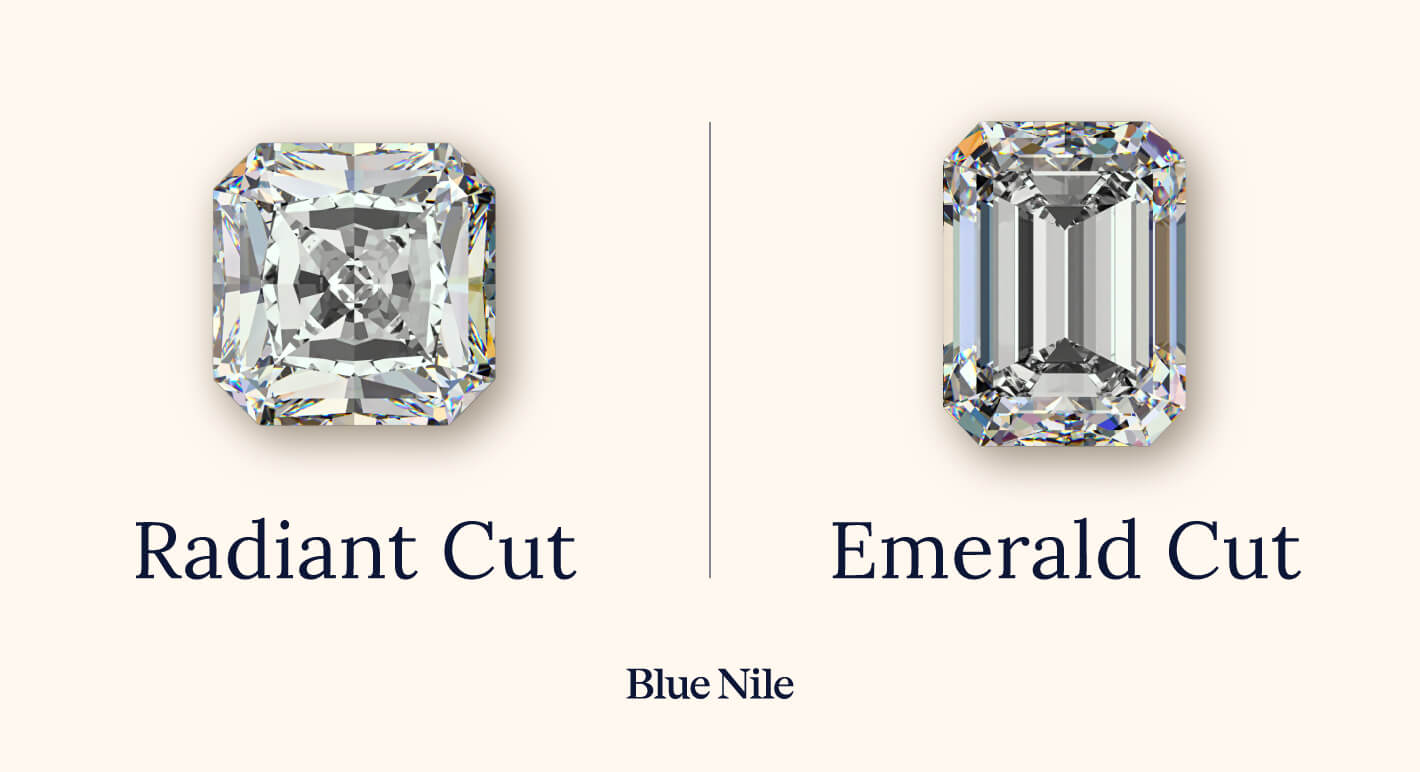 Side-by-side photo comparison of a radiant cut diamond and an emerald cut
