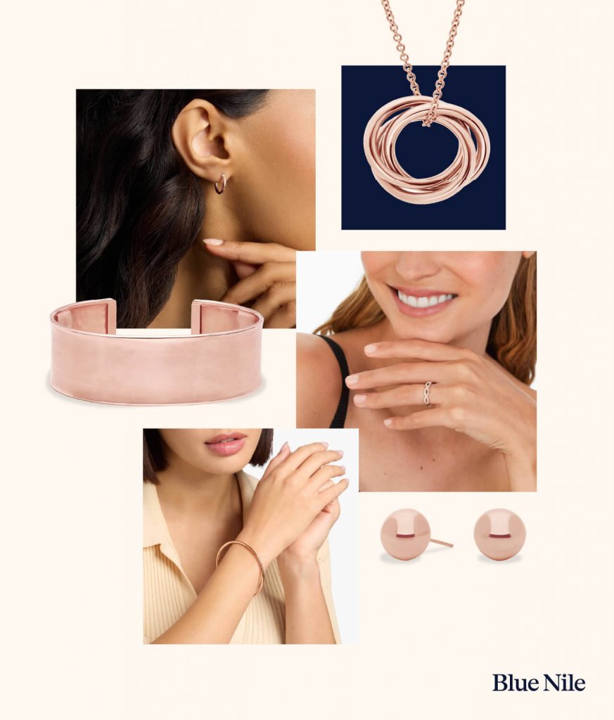 A mood board of rose gold jewelry.
