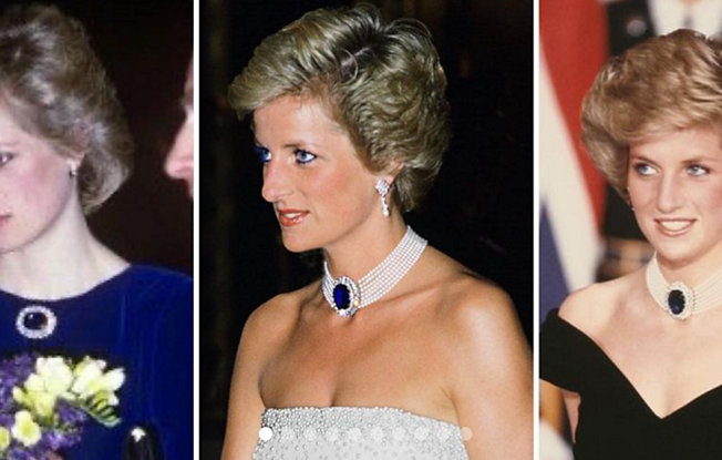 Three images of Princess Diana wearing the famous sapphire and pearl choker