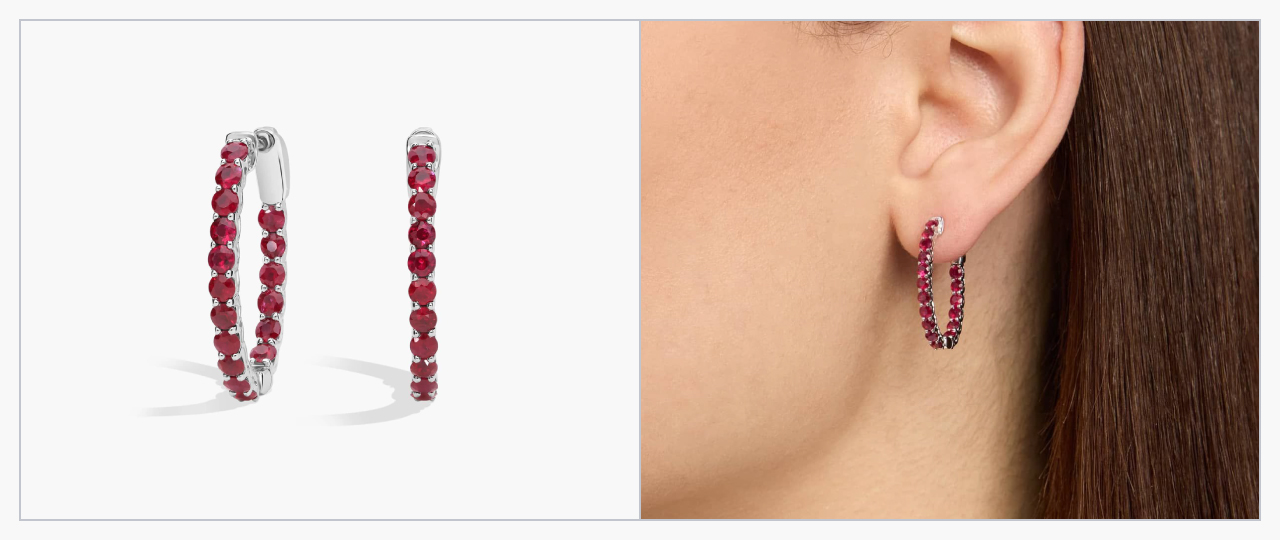 A white gold hoop earring set with rubies