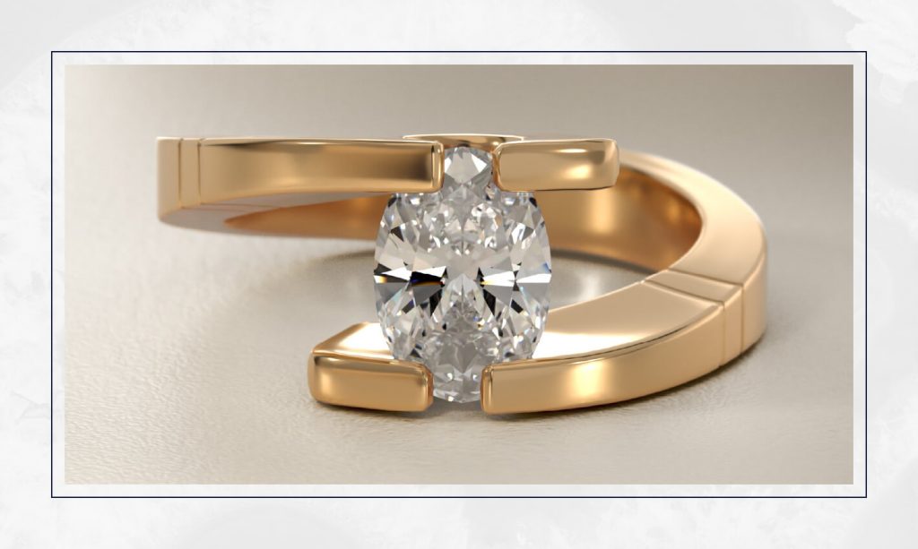 Modern gold ring with an open sculptural design cradling an oval diamond, echoing bold artistic shapes in engagement ring trends