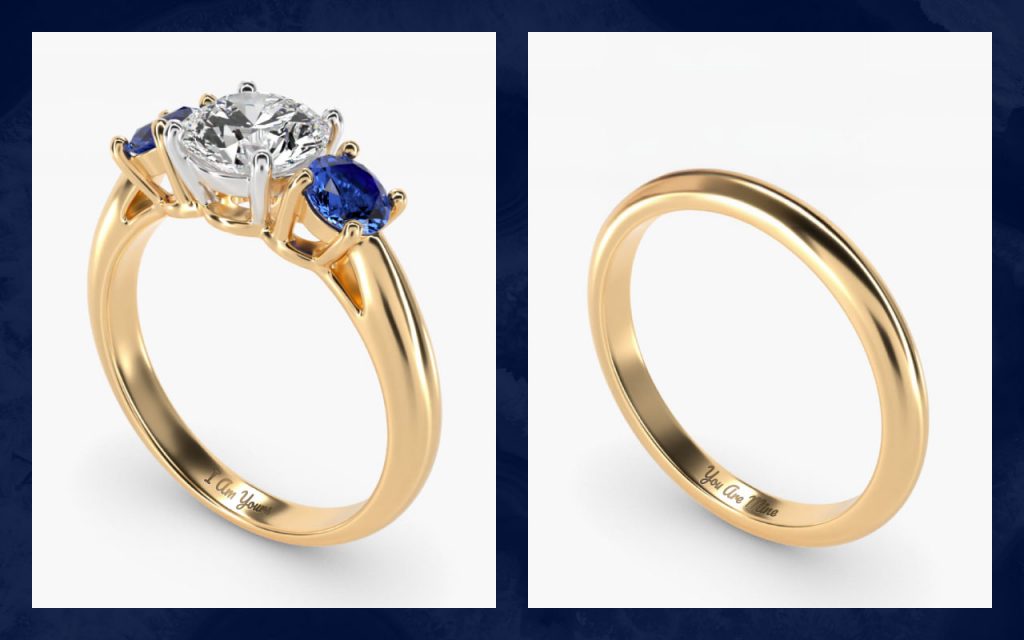Split inscription engagement rings with one inscribed "I Am Yours" and the other "You Are Mine."