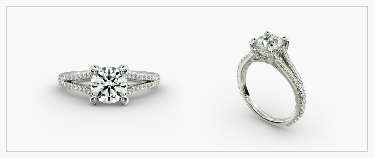 Front and side views of a white gold diamond split shank ring