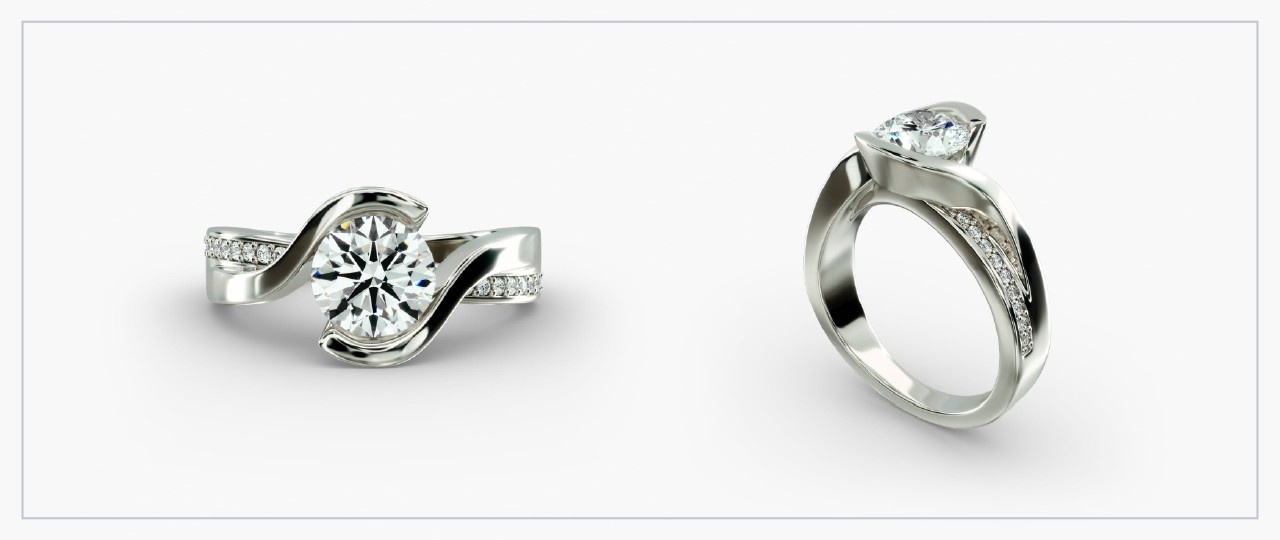 Front and side views of a white gold diamond tension ring