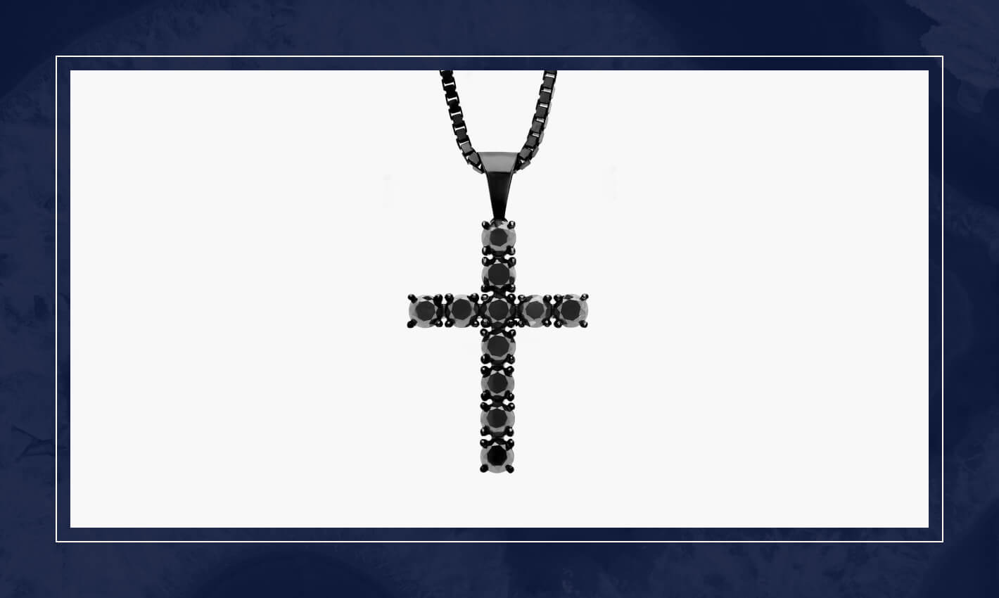 Black diamond cross necklace with a polished black metal chain, designed with clean lines and a bold, modern silhouette.