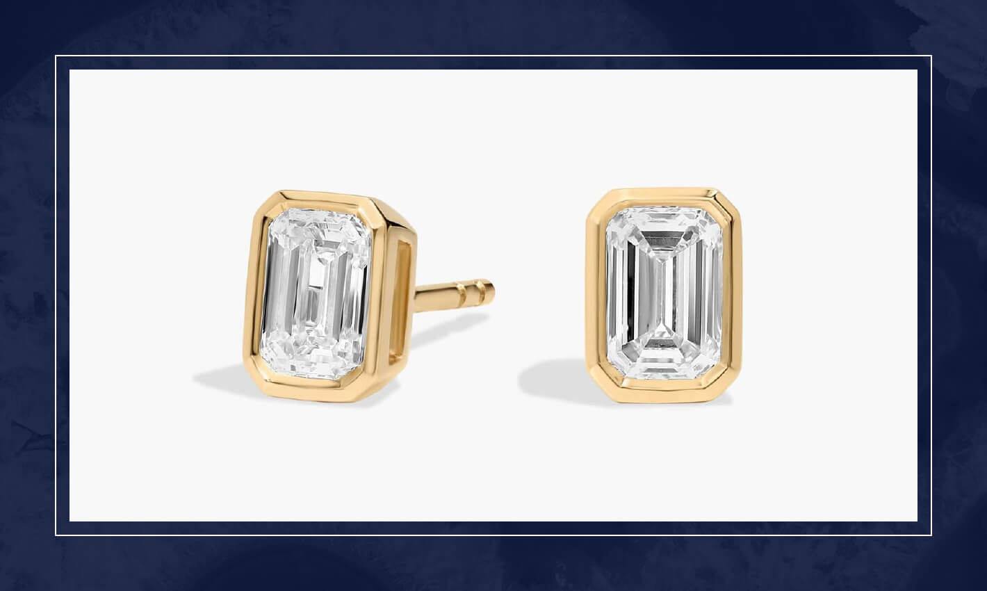 Emerald cut diamond stud earrings in yellow gold bezel settings, showcasing clean geometry and a modern, structured look.