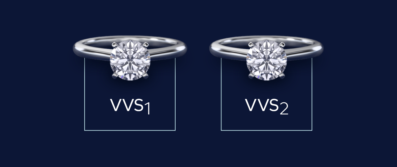 Two solitaire rings side by side showing VVS1 and VVS2 clarity so shoppers can compare inclusion levels in VVS diamonds