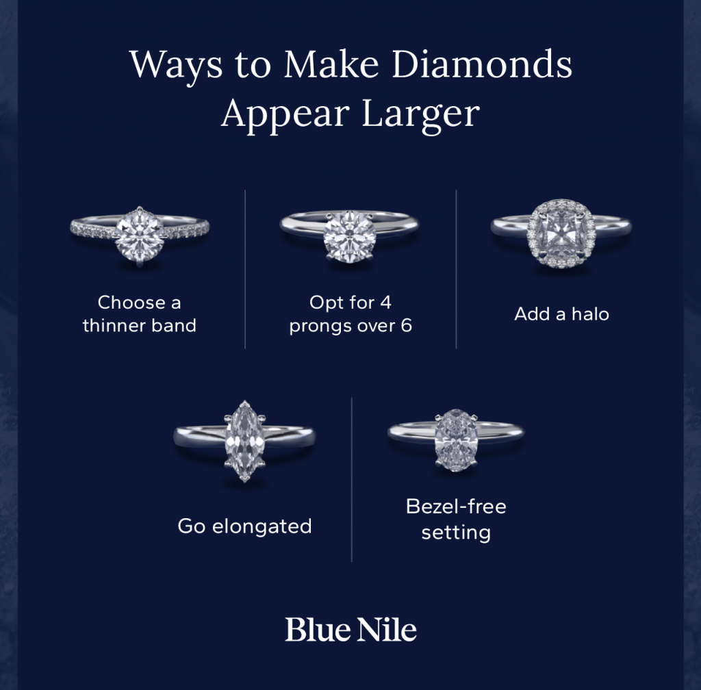 Tips for making a diamond look larger, including choosing a thinner band and an elongated stone.