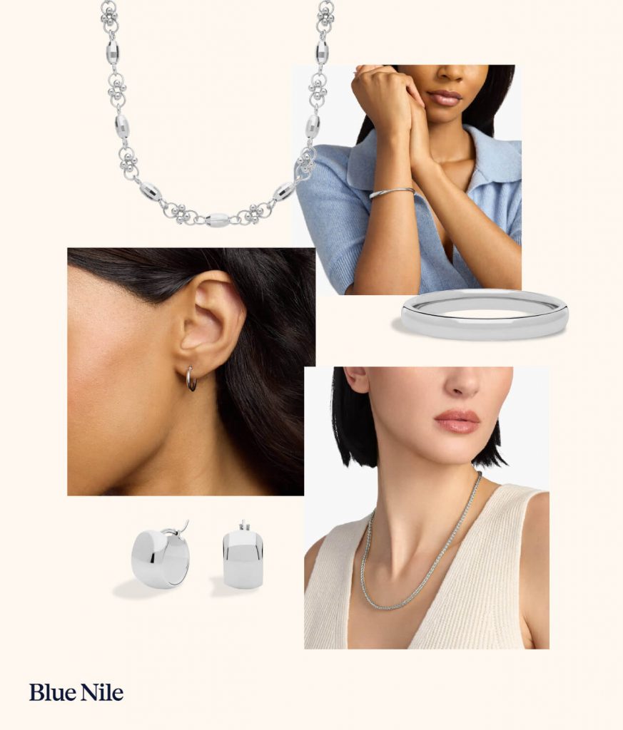 A mood board of white gold jewelry.