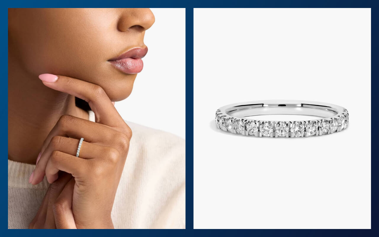 Image of a person wearing a white gold ring on the left and a standalone photo of the ring on the right