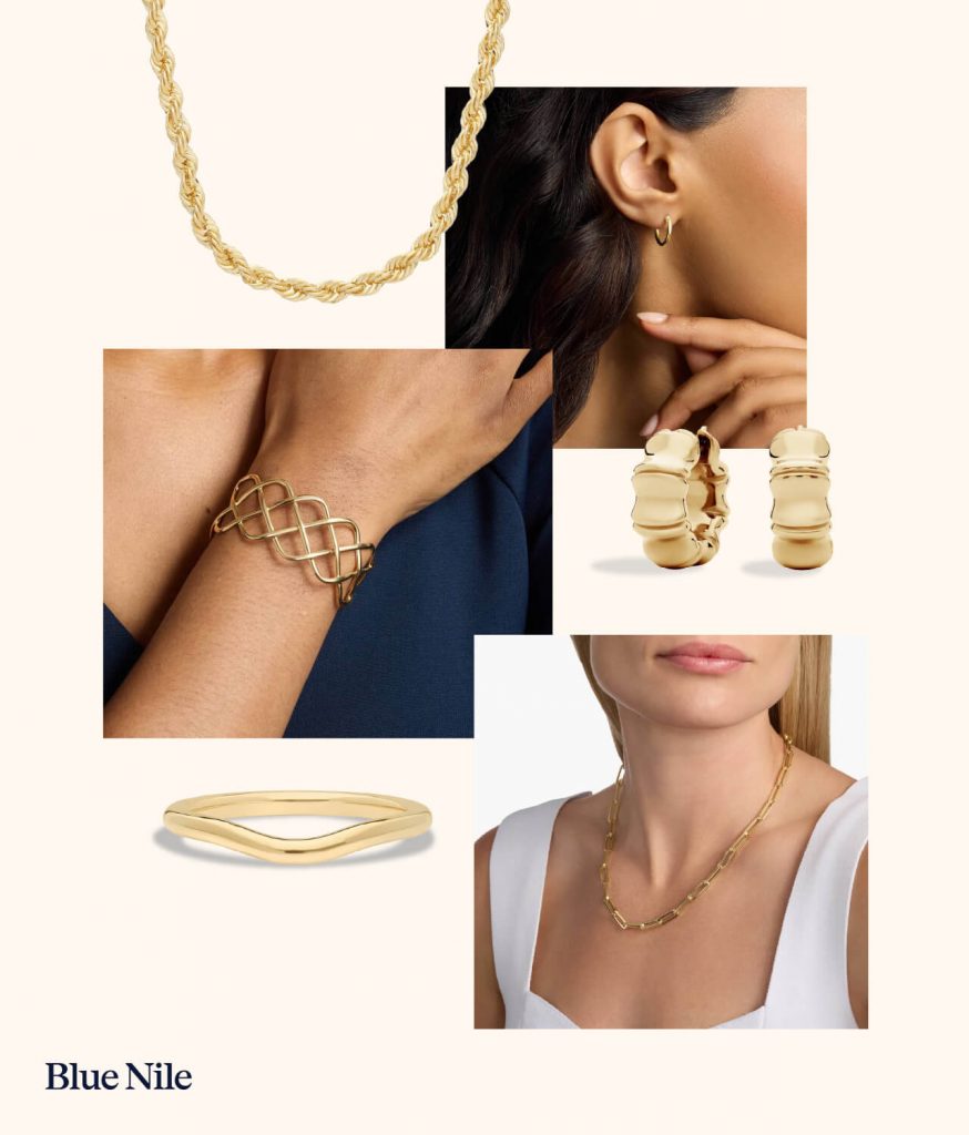 A mood board of yellow gold jewelry.